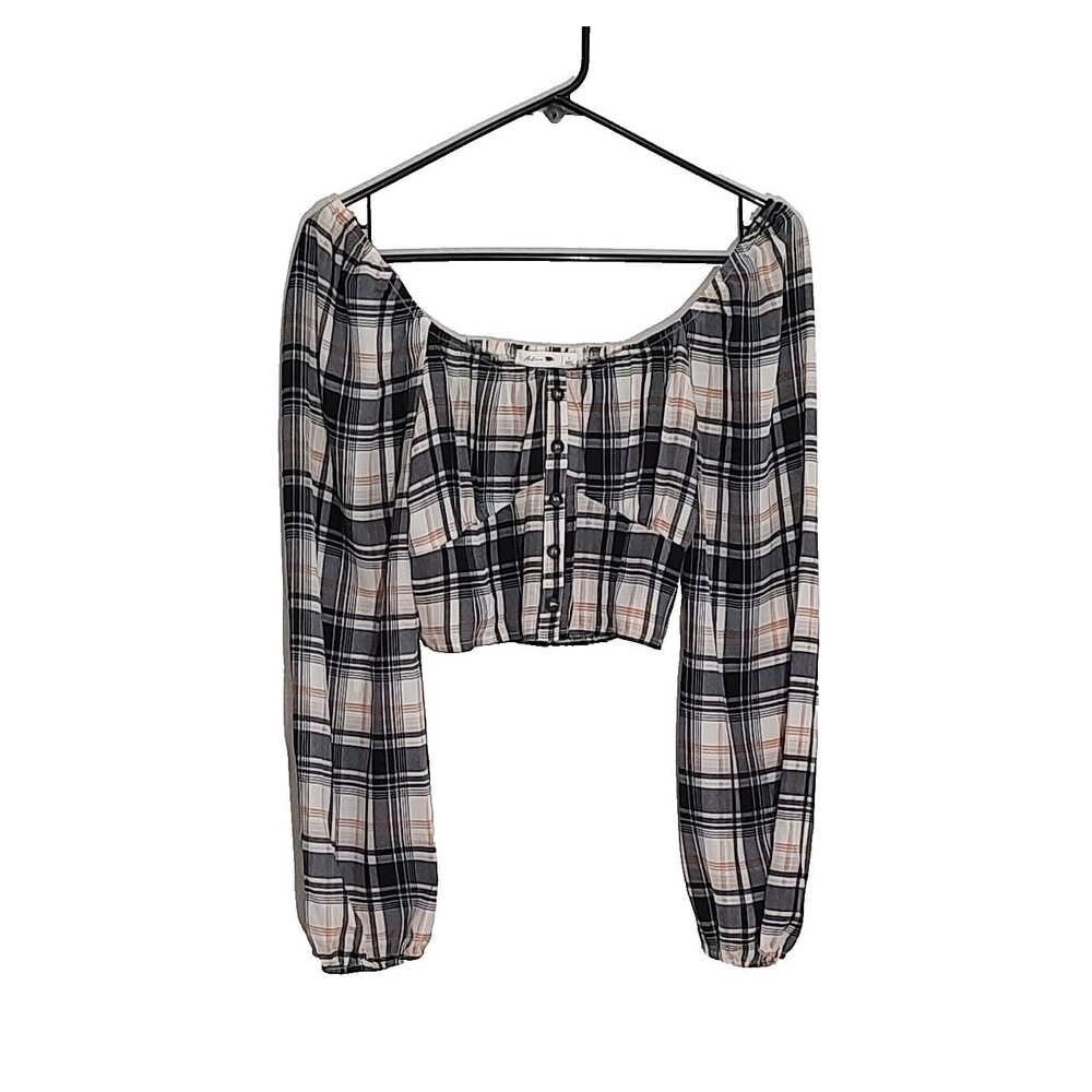 Active USA Womens Long Puff Sleeve Cropped Top Smocked Plaid Check Multicolor L